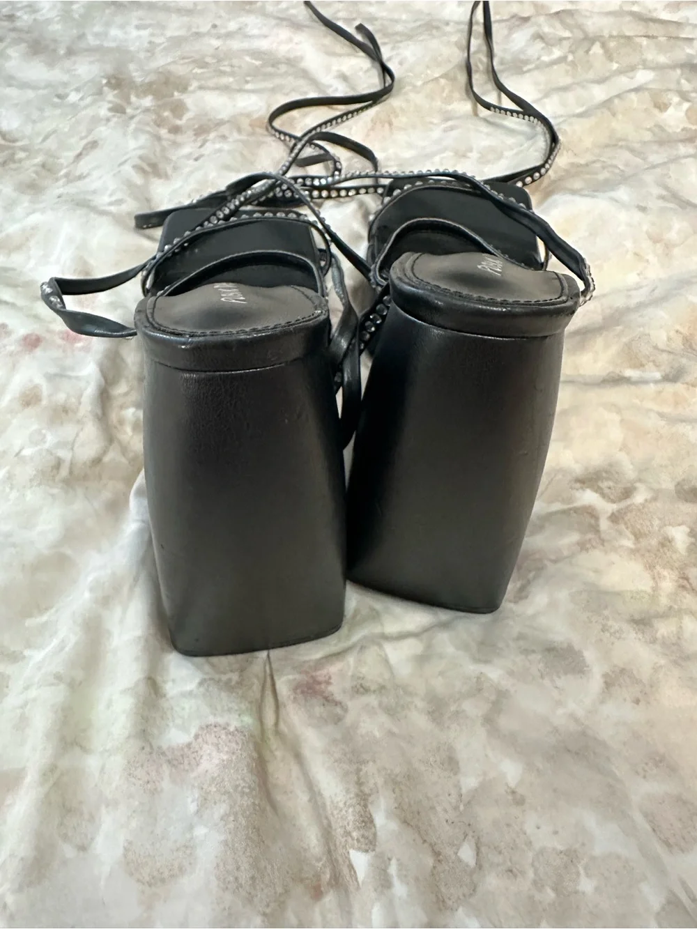 Black Platform Lace-Up Heeled Sandals with Rhinestone Straps